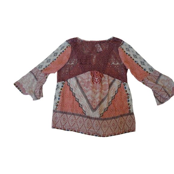 NWT Maurices Womens M Boho Style Red  Beige Patterned Bell Sleeve Lace Blouse - Picture 8 of 10
